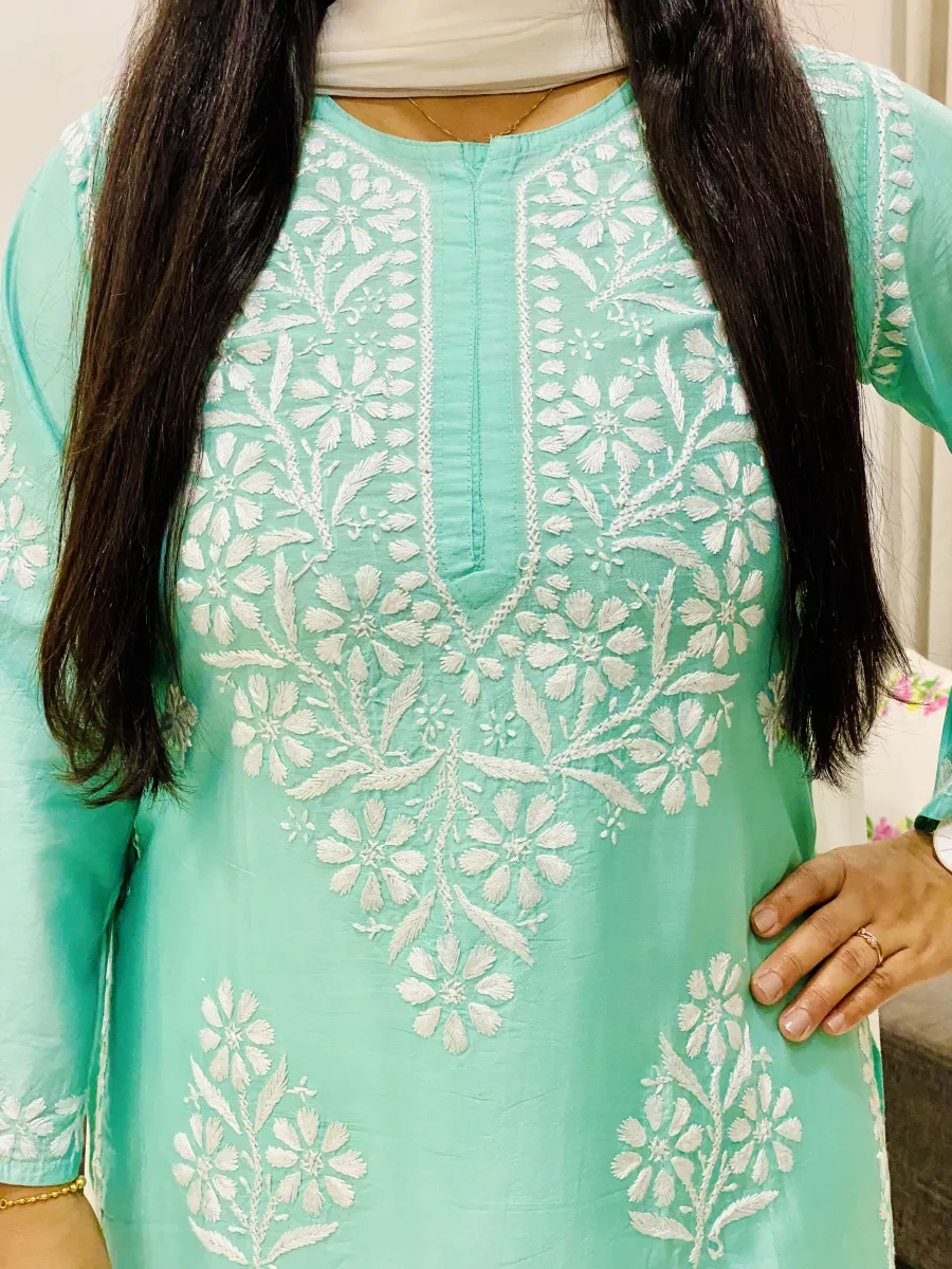 Premium Chanderi Chikankari Hand Embroidered Women's Solid Long Kurta