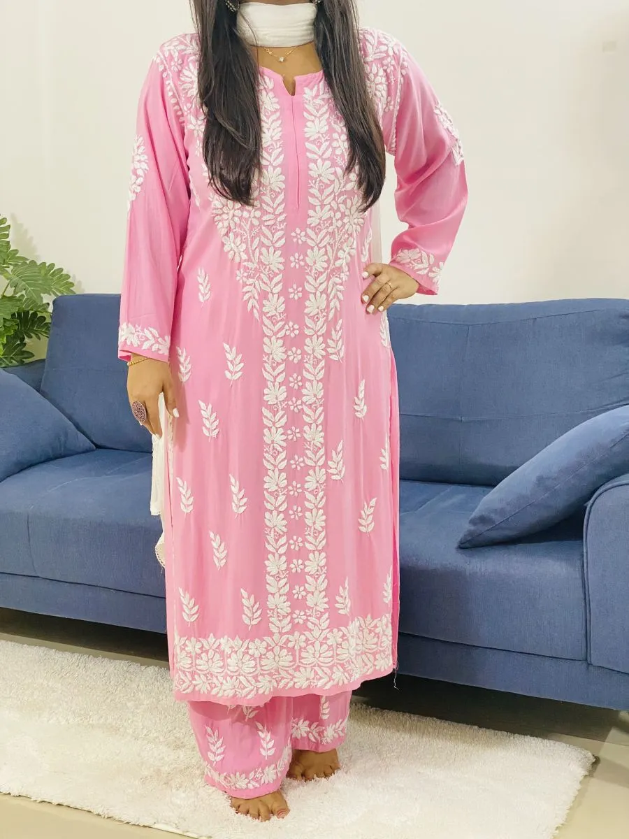 Rayon Chikankari Hand Embroidered Women's Solid Kurta Palazzo Set