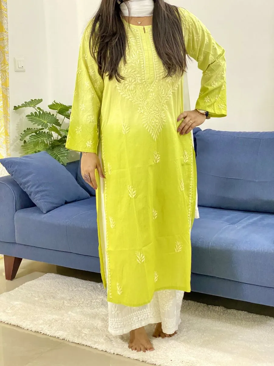 Cotton Chikankari Handwork Ombre Women's Long Kurta