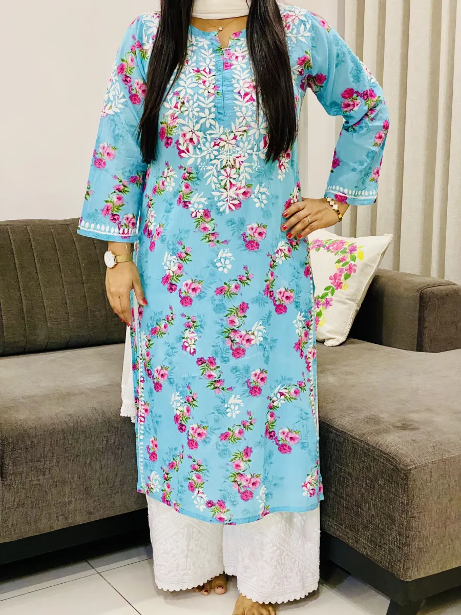 Mulmul Chikankari Hand Embroidered Floral Women's Long Kurta