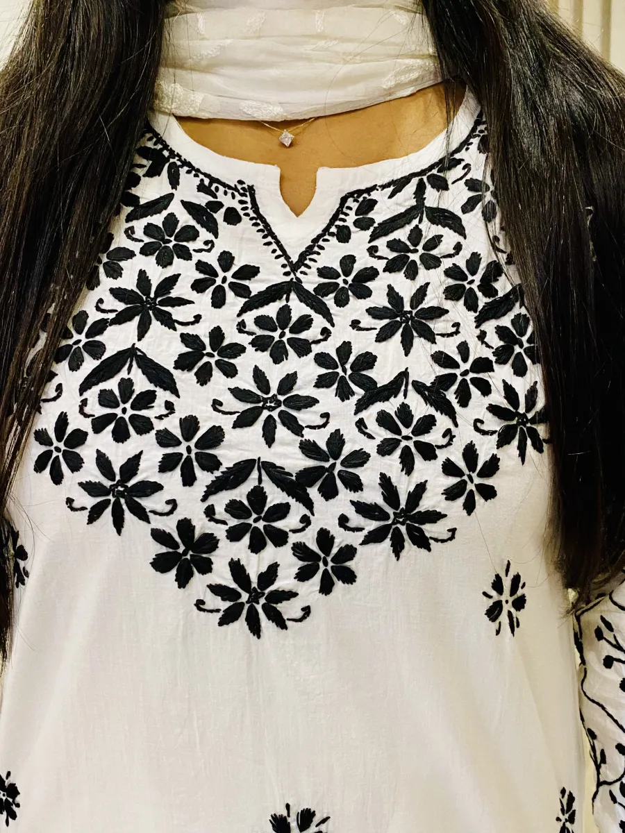 Mulmul Cotton Chikankari Hand Embroidered Solid Women's Long Kurta