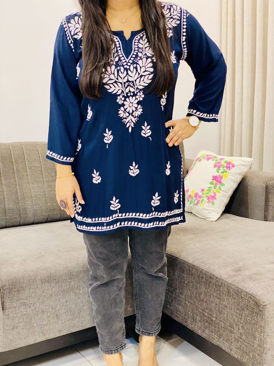 Rayon Chikankari Handwork Women's Solid Short Kurta