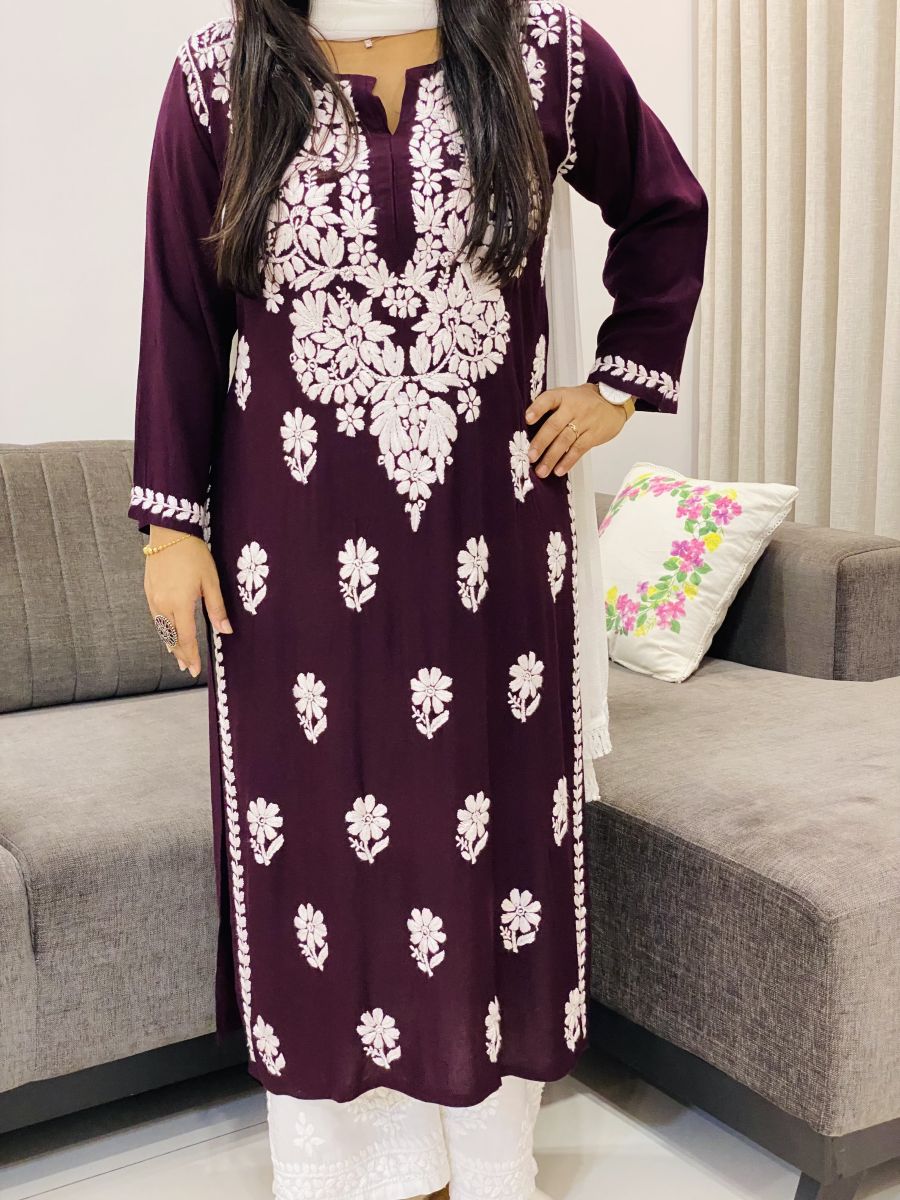 Rayon Chikankari Handwork Women's Solid Long Straight Kurta