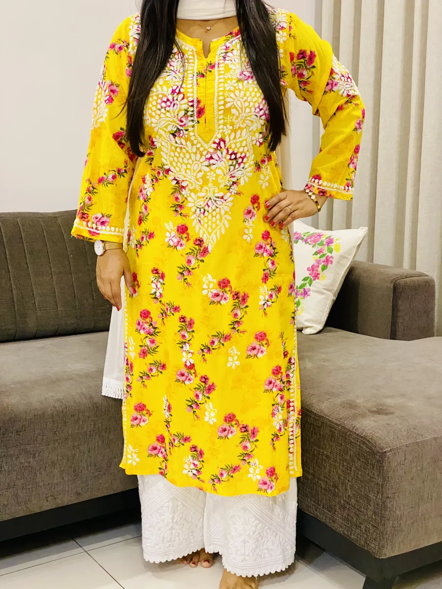 Mulmul Chikankari Hand Embroidered Floral Women's Long Kurta
