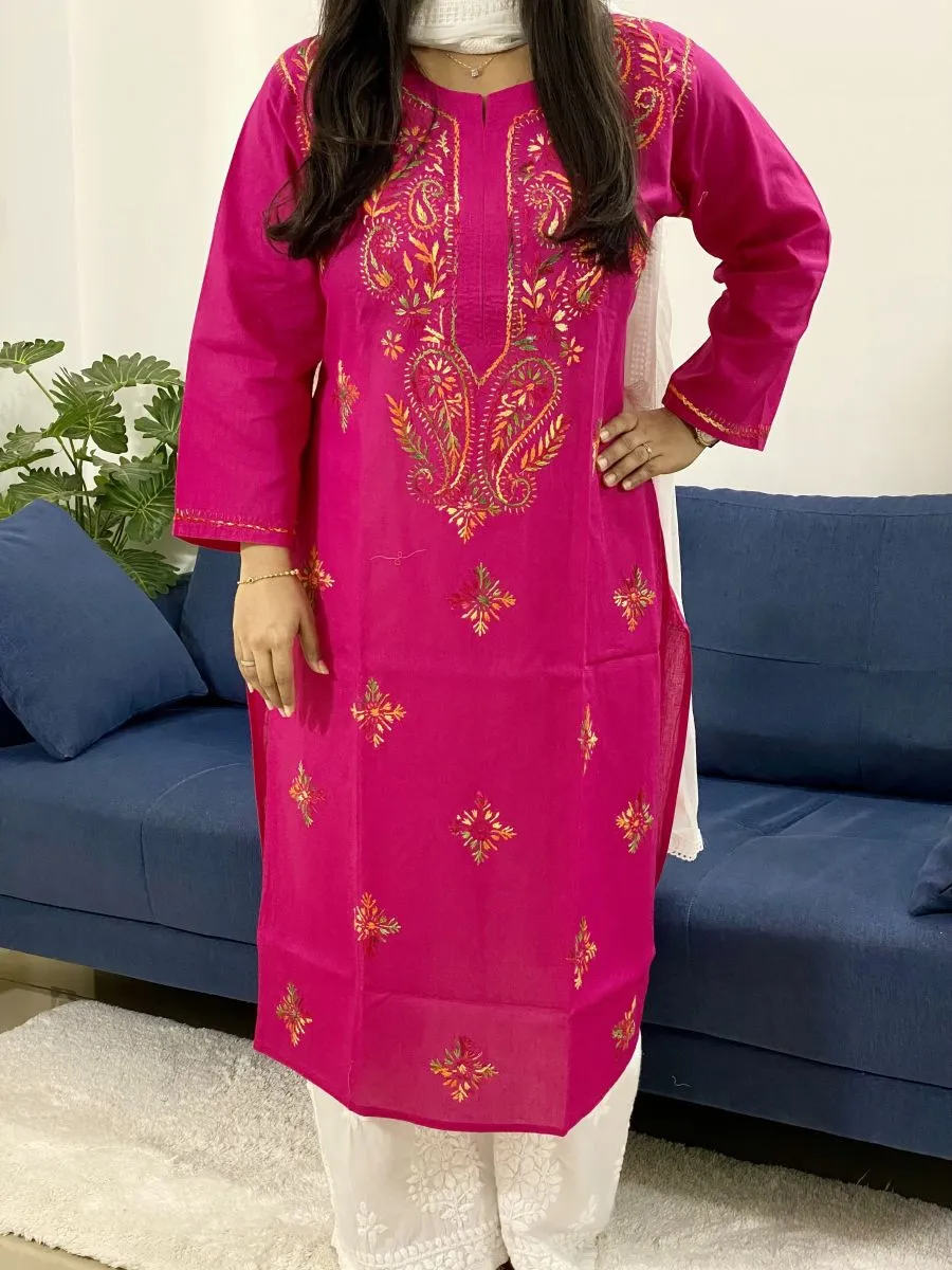 Cotton Chikankari Handwork Women's Solid Long Kurti
