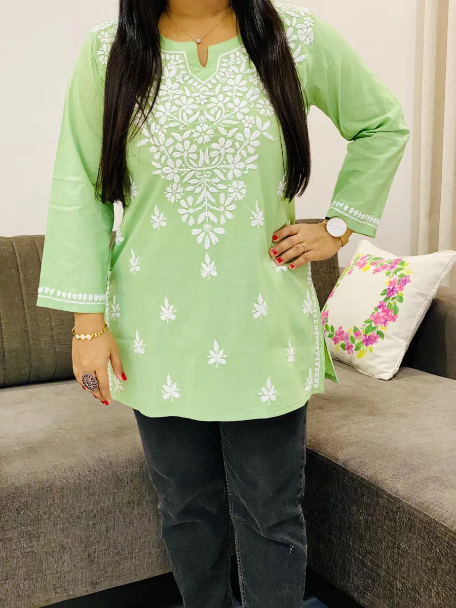 Cotton Chikankari Hand Embroidered Solid Women's Short Kurta