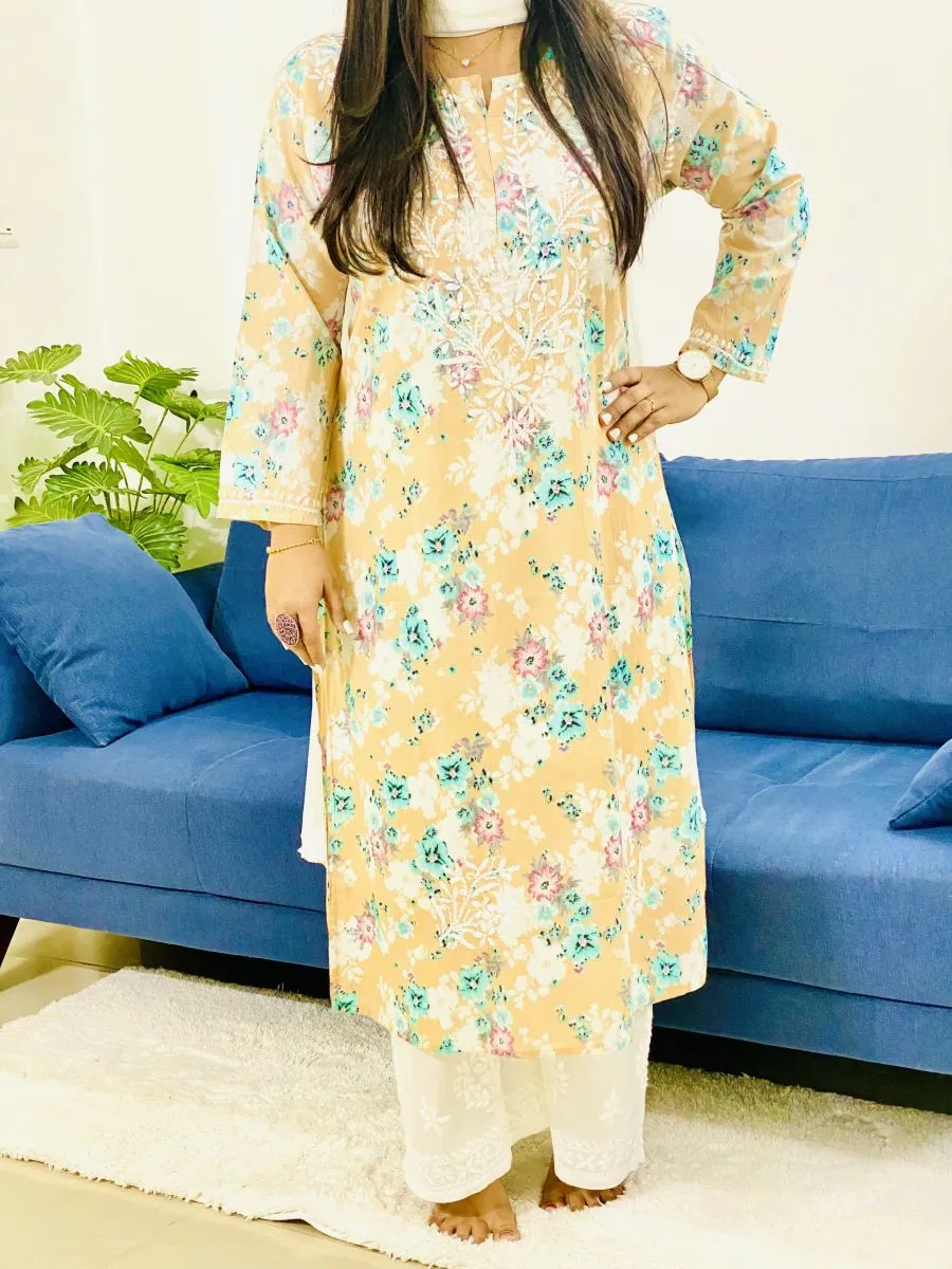 Mulmul Chikankari Hand Embroidered Women's Floral Long Kurta
