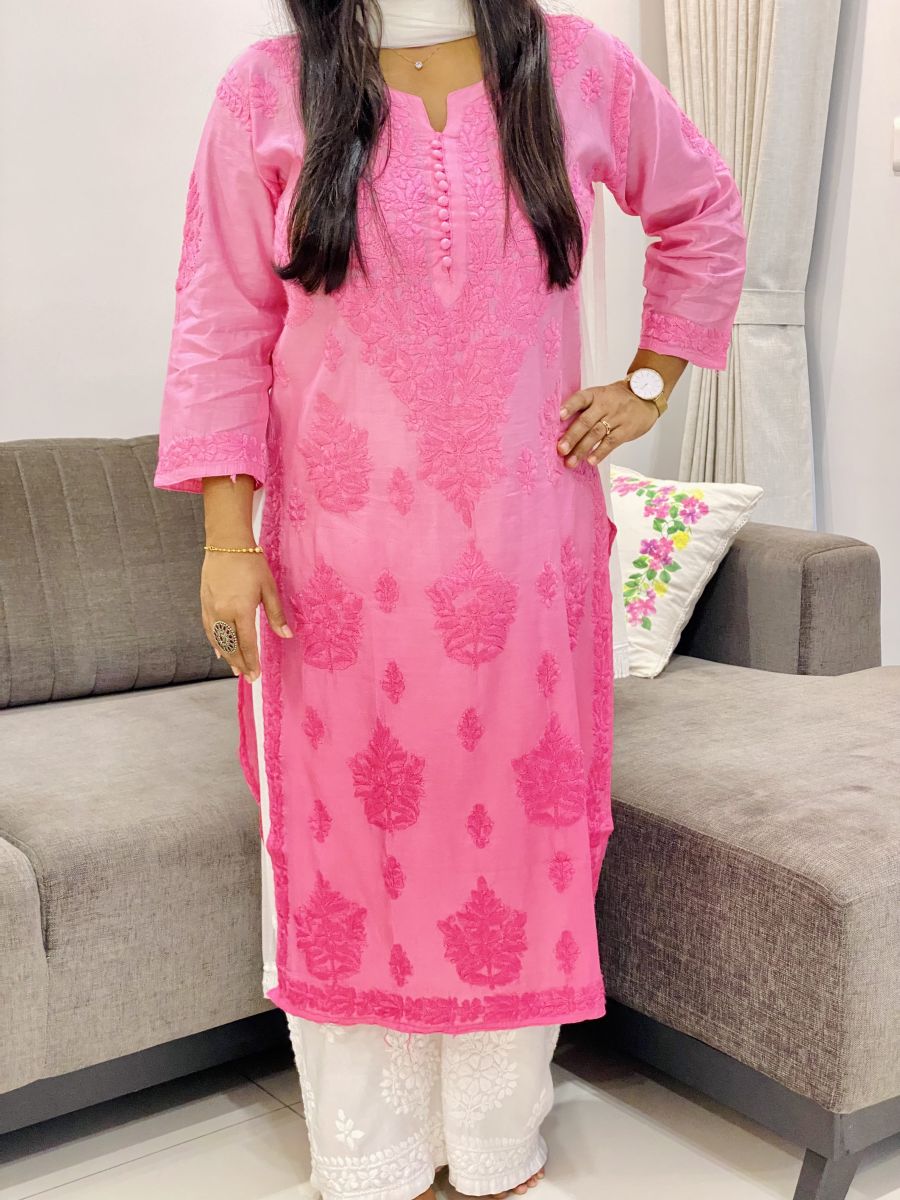 Chanderi Silk Chikankari Hand Embroidered Women's Solid Long Kurta