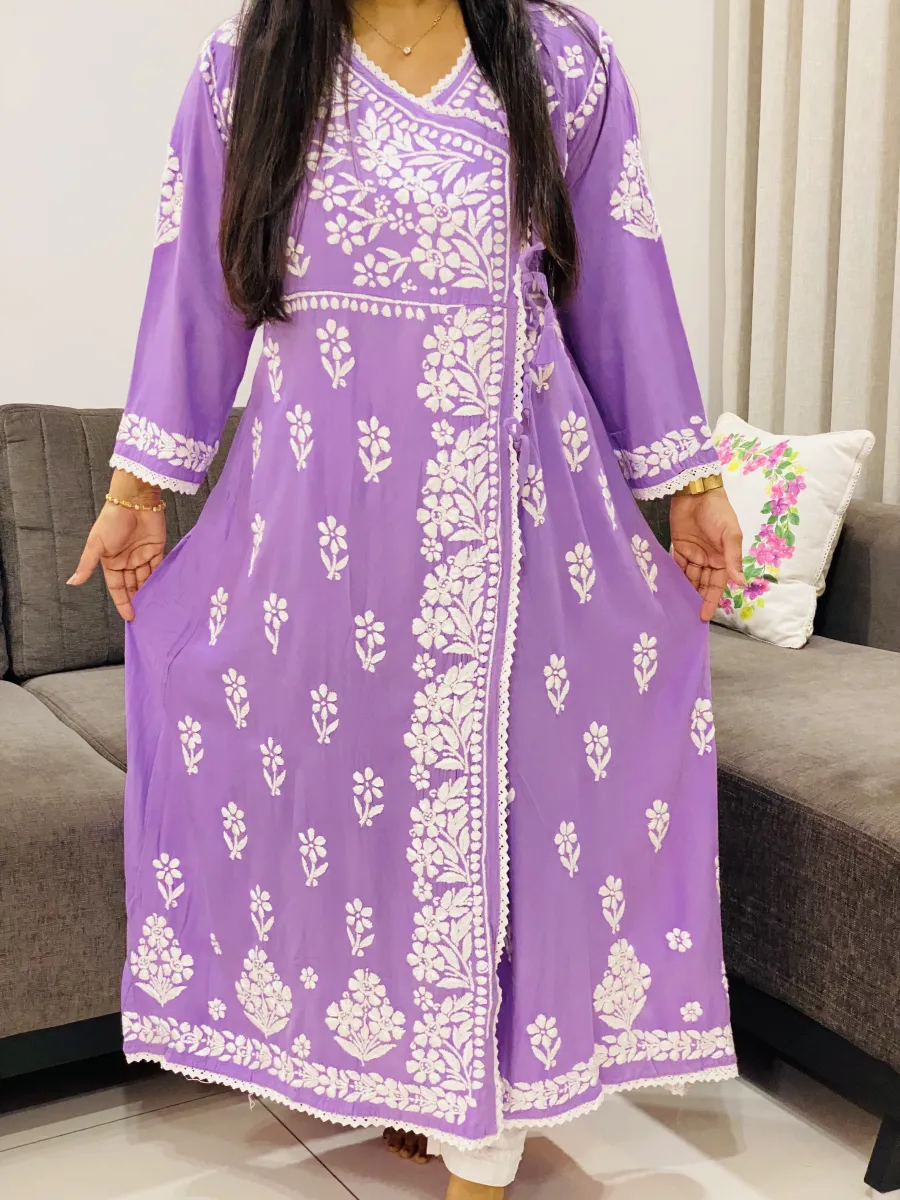 Rayon Chikankari Handwork Solid Women's Angrakha Kurta
