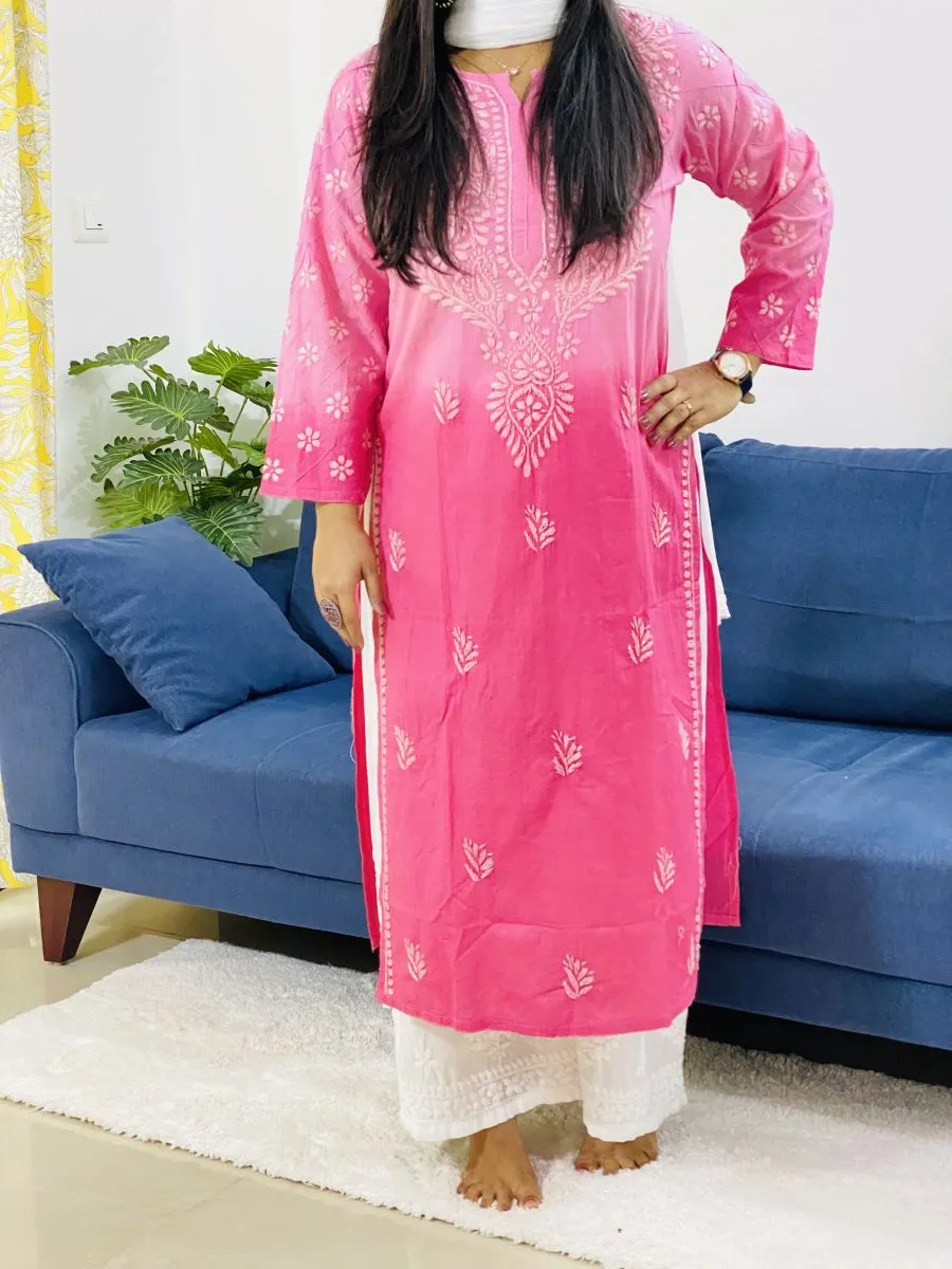 Cotton Chikankari Handwork Ombre Women's Long Kurta