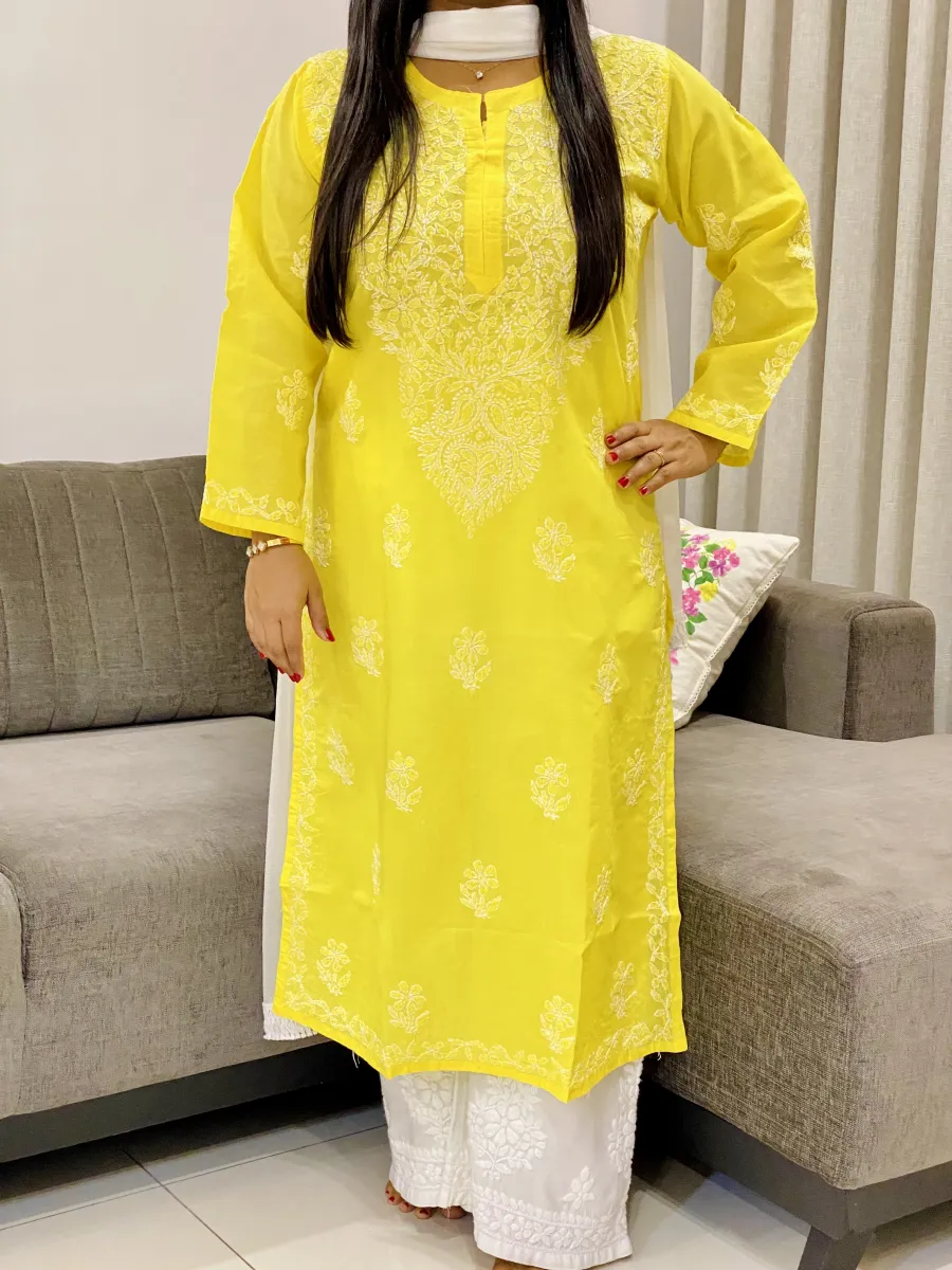 Voil Cotton Chikankari Hand Embroidered Women's Solid Long Kurta