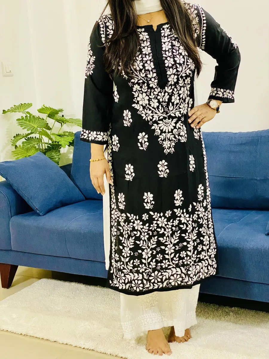 Premium Modal Cotton Chiknakari Hand Embroidered Women's Solid Long Kurta