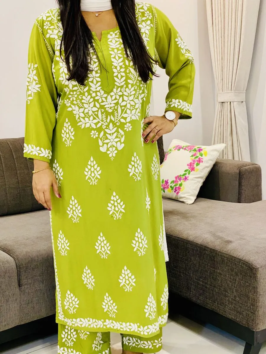 Rayon Chikankari Hand Embroidered Solid Women's Long Kurta Palazzo Set