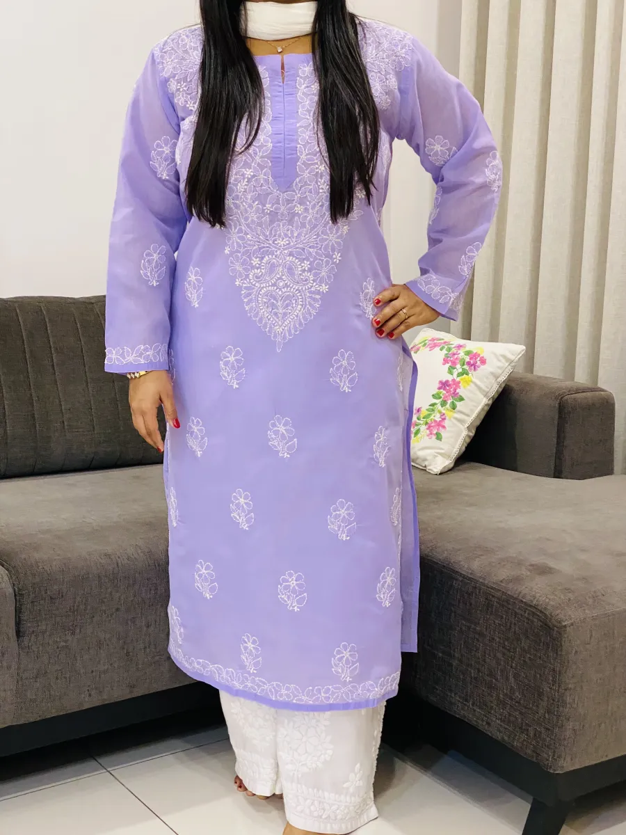 Voil Cotton Chikankari Hand Embroidered Women's Solid Long Kurta