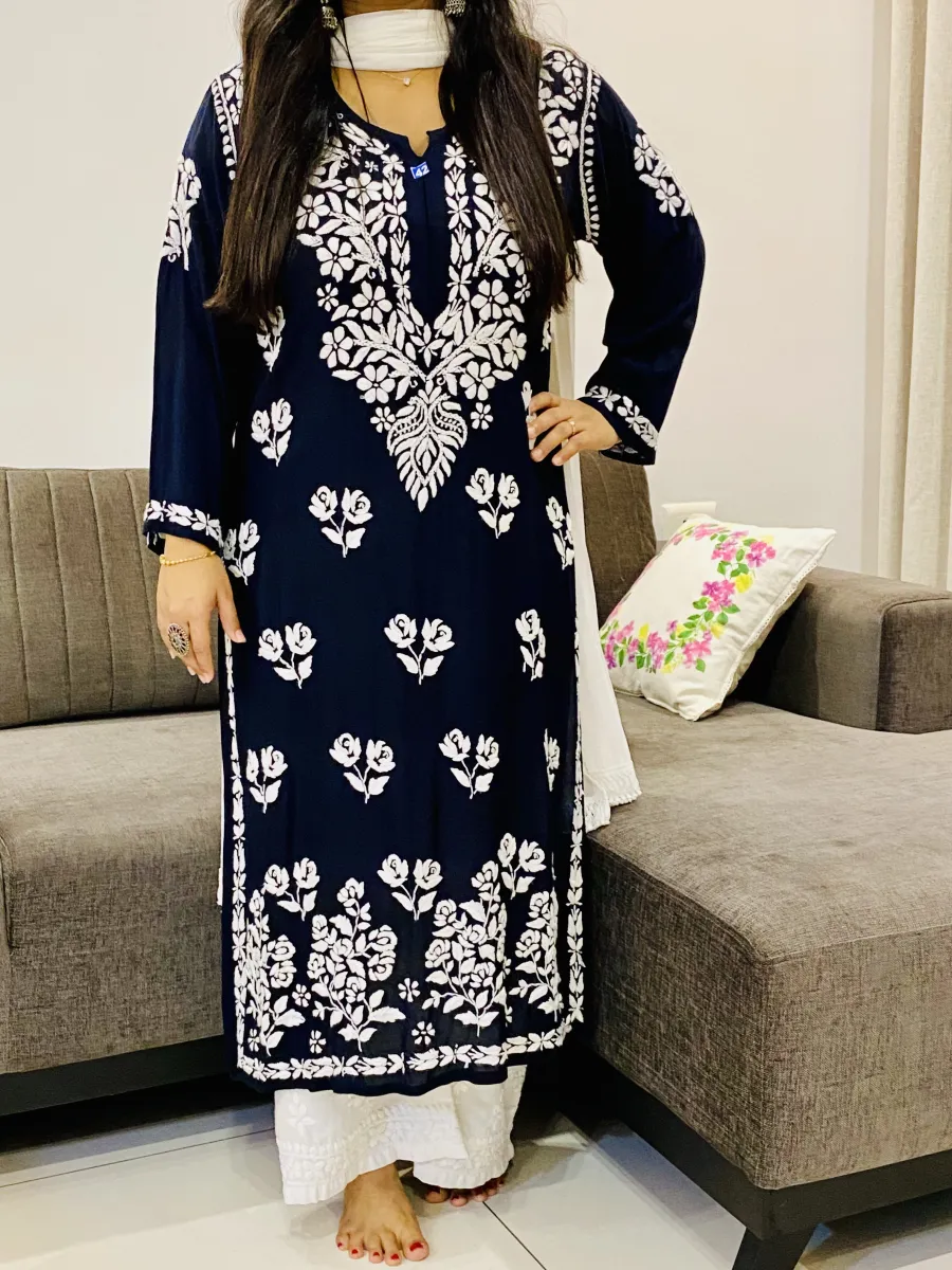 Premium Modal Chikankari Hand Embroidered Solid Women's Long Kurta