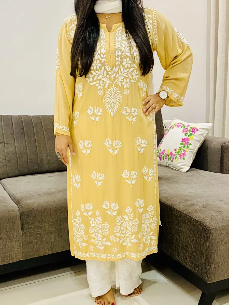 Premium Modal Chikankari Hand Embroidered Solid Women's Long Kurta