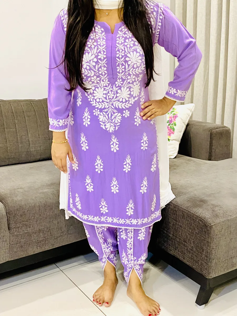 Premium Rayon Chikankari Hand Embroidered Solid Women's Kurta-Dhoti Set