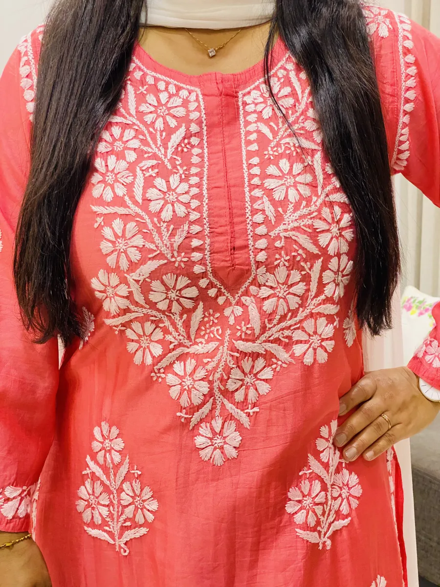 Premium Chanderi Chikankari Hand Embroidered Women's Solid Long Kurta