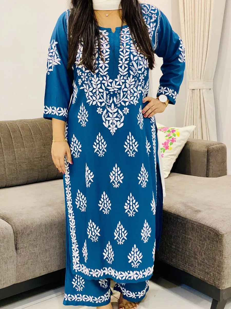 Rayon Chikankari Hand Embroidered Solid Women's Long Kurta Palazzo Set
