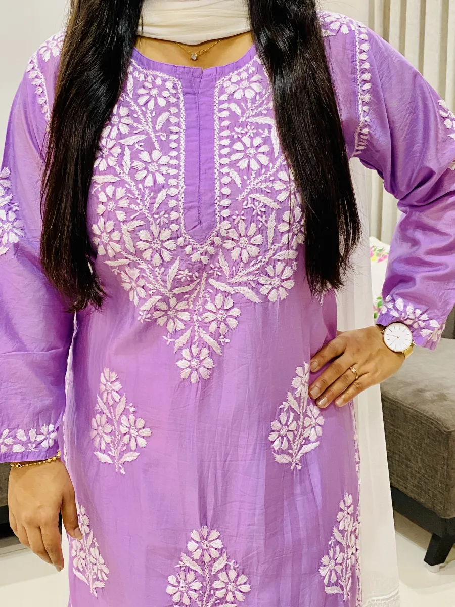 Premium Chanderi Chikankari Hand Embroidered Women's Solid Long Kurta