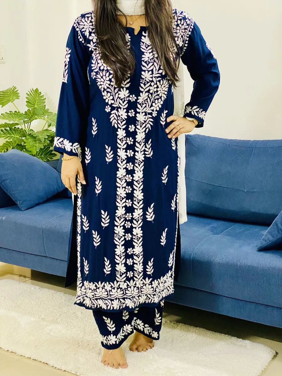 Rayon Chikankari Hand Embroidered Women's Solid Kurta Palazzo Set