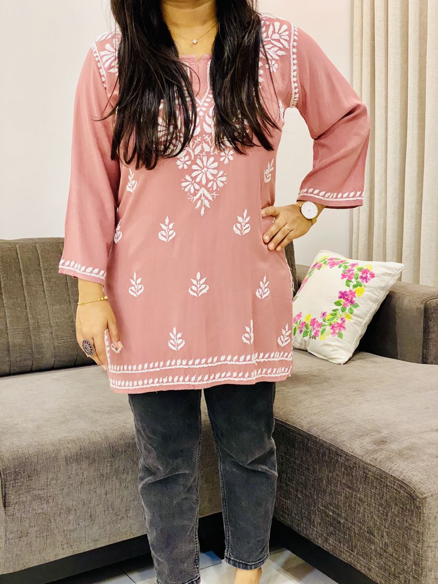Rayon Chikankari Handwork Women's Solid Short Kurta