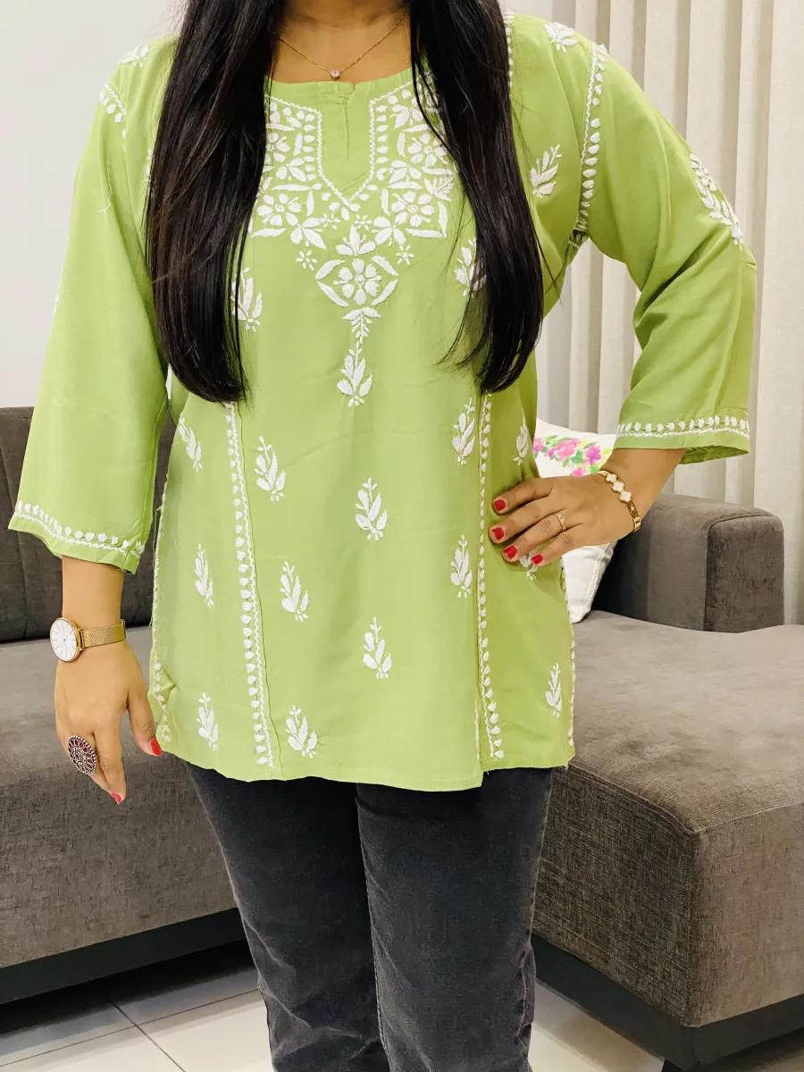 Rayon Chikankari Hand Embroidered Solid Women's Short Top
