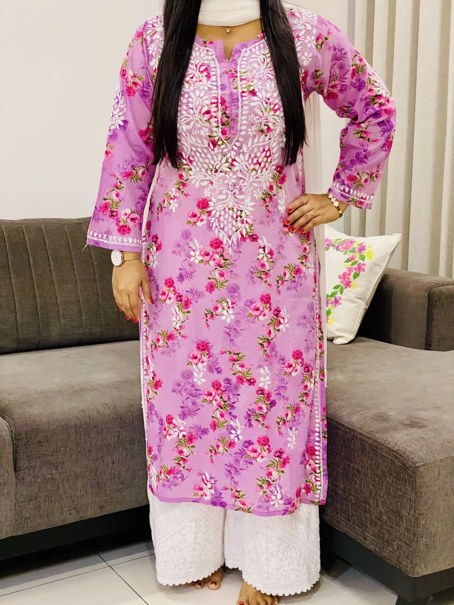 Mulmul Chikankari Hand Embroidered Floral Women's Long Kurta