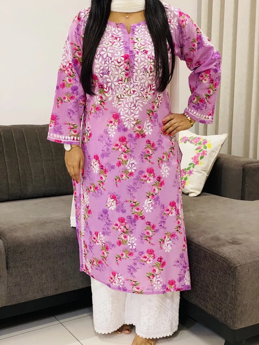 Mulmul Chikankari Hand Embroidered Floral Women's Long Kurta