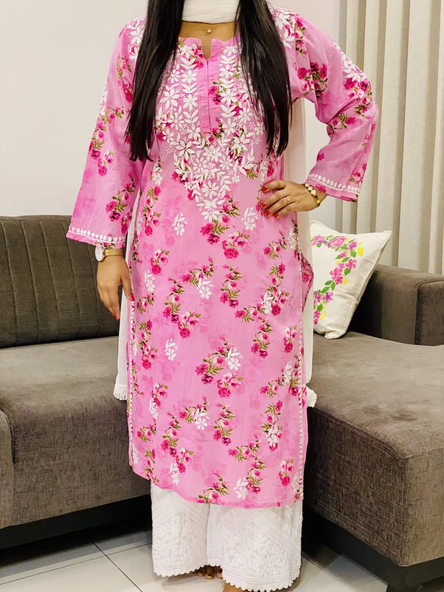 Mulmul Chikankari Hand Embroidered Floral Women's Long Kurta