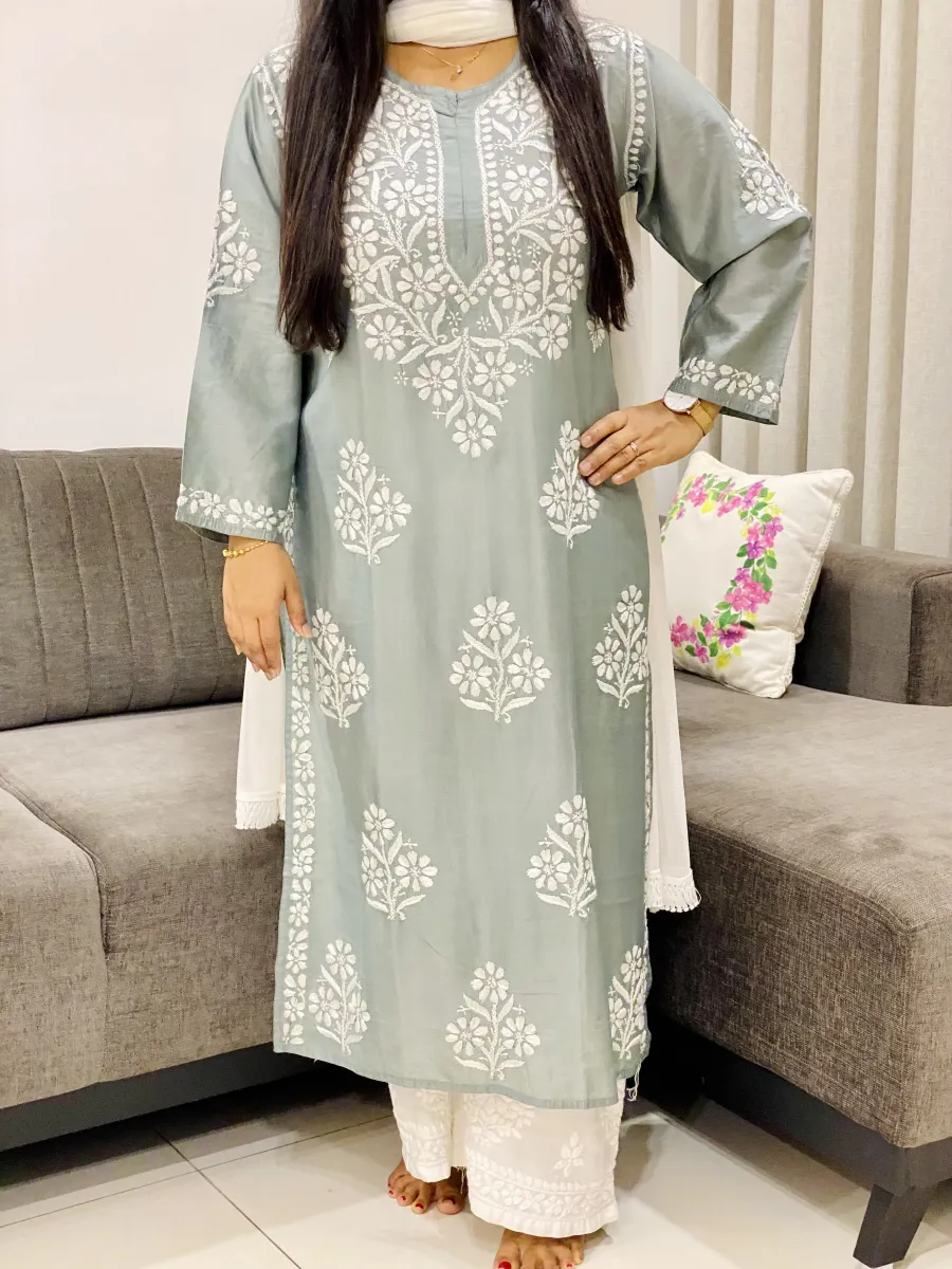 Premium Chanderi Chikankari Hand Embroidered Women's Solid Long Kurta
