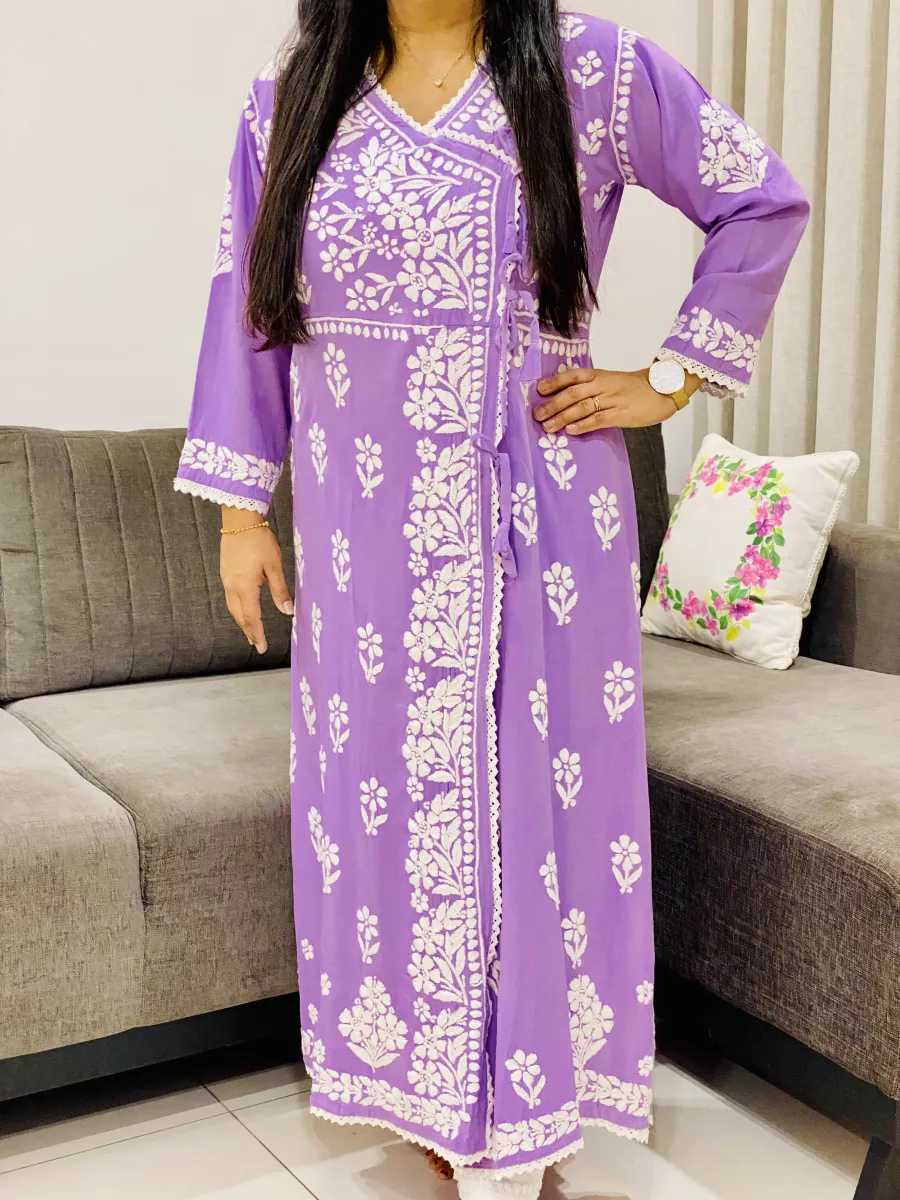 Rayon Chikankari Handwork Solid Women's Angrakha Kurta