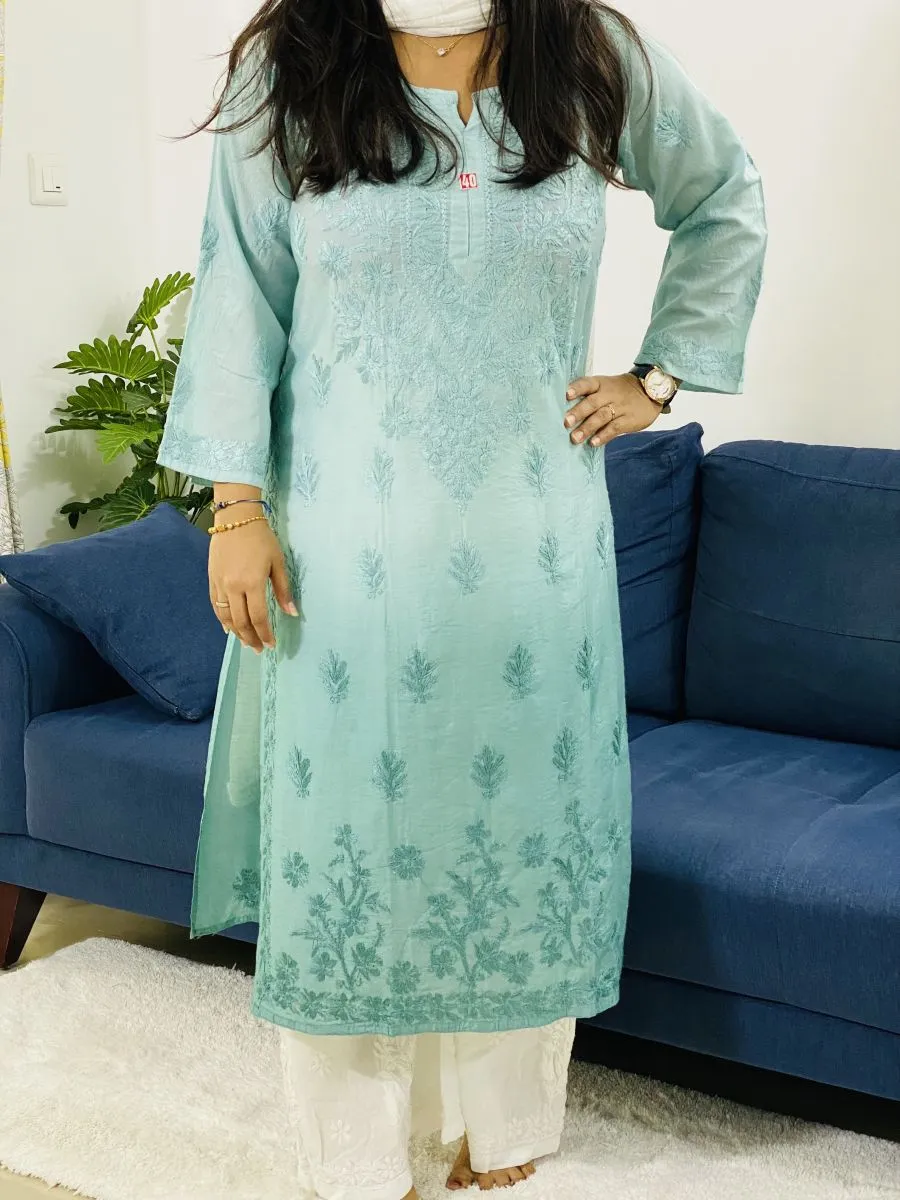 Chanderi Silk Chikankari Hand Embroidered Women's Solid Long Kurta
