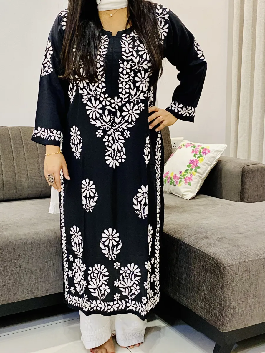 Premium Modal Chikankari Hand Embroidered Women's Solid Long Kurta