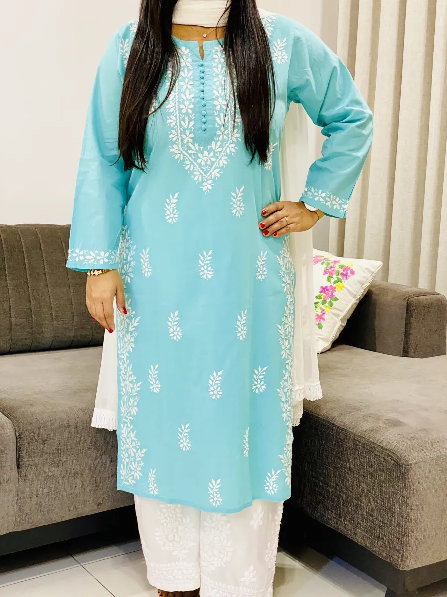 Cotton Chikankari Women's Solid Long Kurta