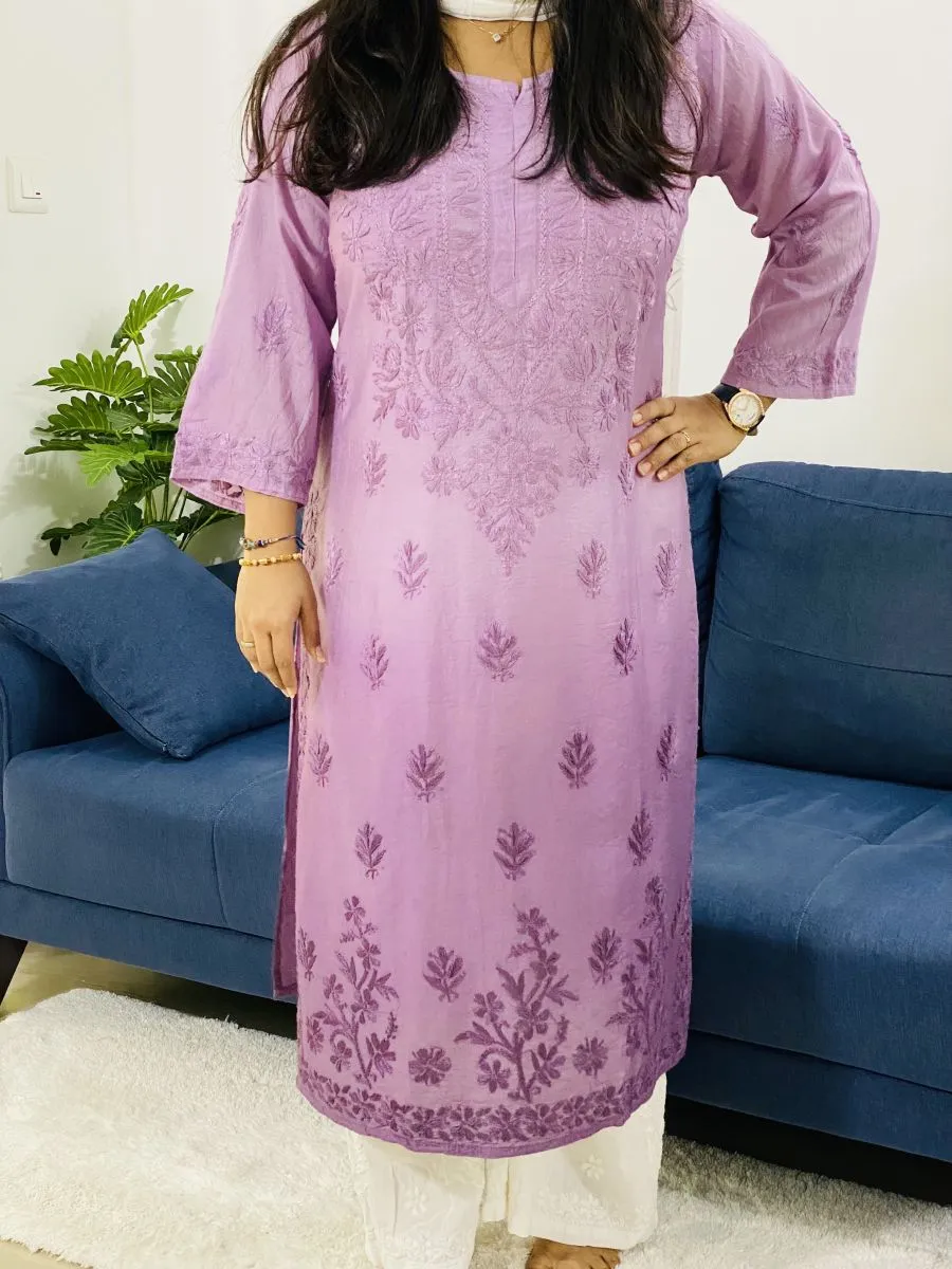 Chanderi Silk Chikankari Hand Embroidered Women's Solid Long Kurta