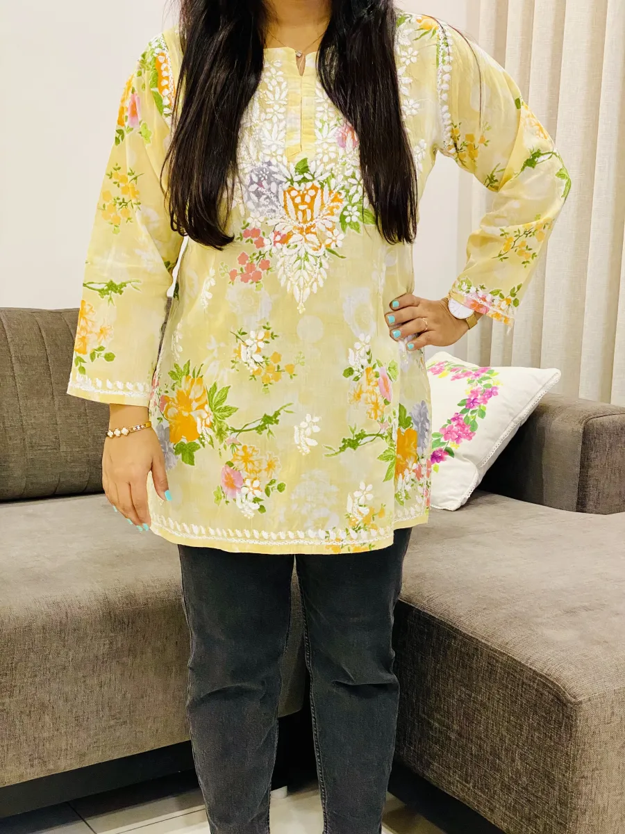 Mulmul Chikankari Hand Embroidered Women's Floral Short kurta