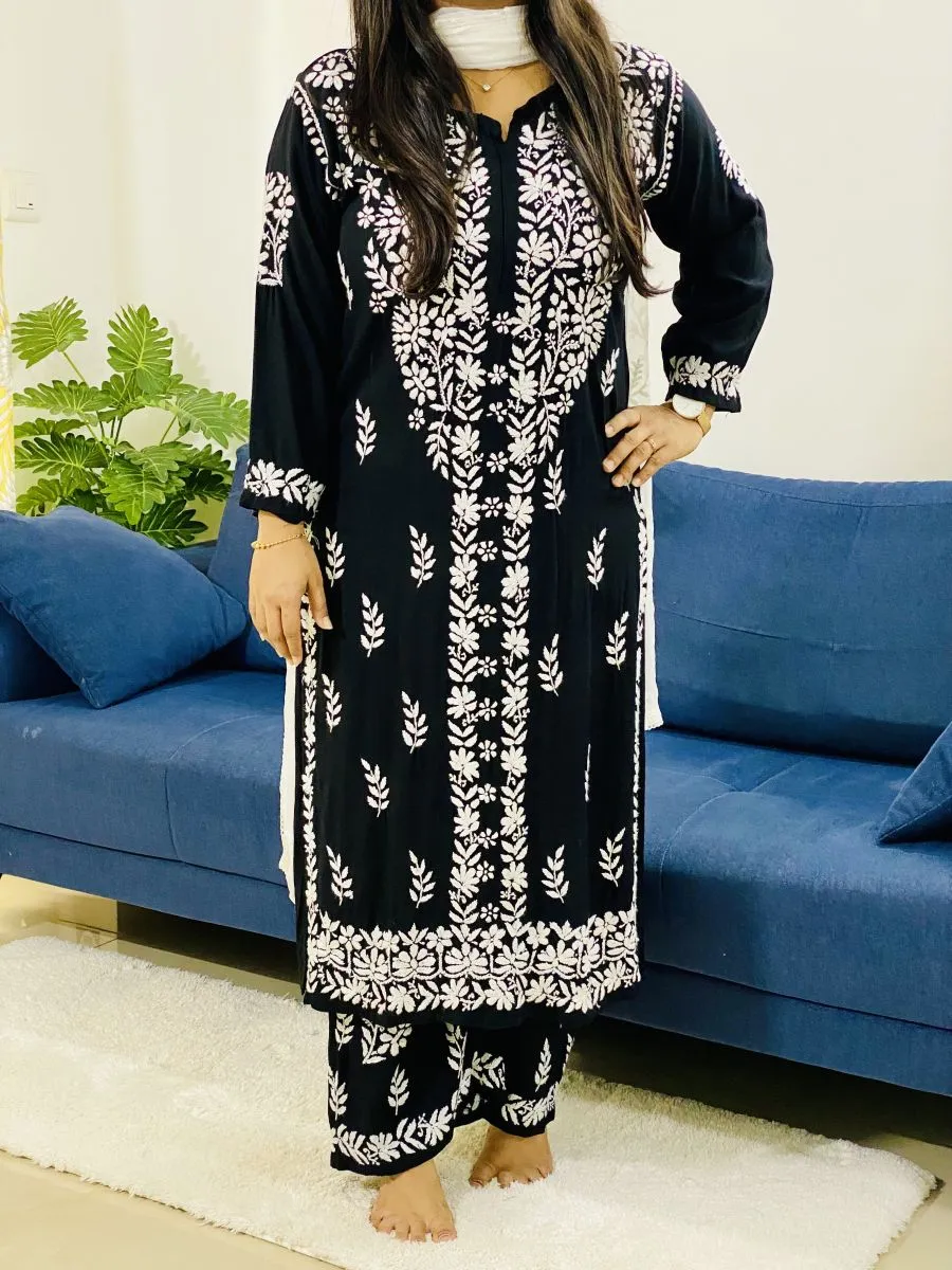 Rayon Chikankari Hand Embroidered Women's Solid Kurta Palazzo Set