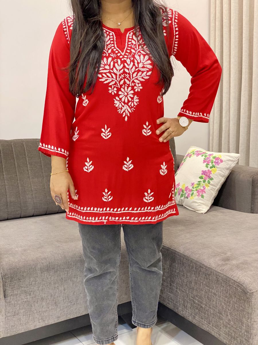 Rayon Chikankari Handwork Women's Solid Short Kurta