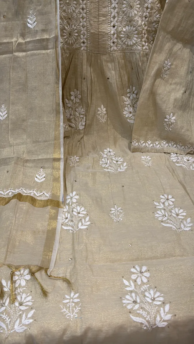 Mul-Chanderi Chikankari Hand Embroidered Women's Anarkali Kurta Set