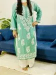 Army Green Jannat Modal Chikankari Solid Women's Long Kurta