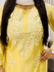 Premium Chanderi Chikankari Hand Embroidered Women's Solid Long Kurta