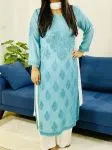 English Blue 3D Muslin Silk Chikankari Handwork Ombre Women's Long Kurti