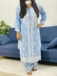 Powder Blue Anaisha Rayon Chikankari Hand Embroidered Women's Solid Kurta Palazzo Set