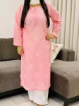 Peach Bani Voil Cotton Chikankari Hand Embroidered Women's Solid Long Kurta