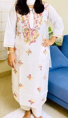 White Keri Cotton Chikankari Handwork Women's Solid Long Kurti