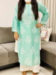 Aqua Rida Premium Chanderi Chikankari Hand Embroidered Women's Solid Long Kurta