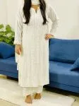 White Anaisha Rayon Chikankari Hand Embroidered Women's Solid Kurta Palazzo Set
