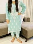 Army Green Sangria Premium Rayon Chikankari Hand Embroidered Solid Women's Kurta-Dhoti Set