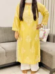 Beige Rida Premium Chanderi Chikankari Hand Embroidered Women's Solid Long Kurta